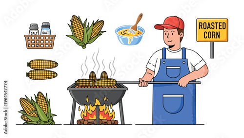 Roasted Corn Stand: An illustration of a friendly vendor stands at a bustling street food stand, expertly grilling fresh corn, ready to delight with the taste of summer.