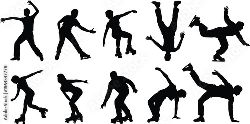 Roller skating silhouettes set people performing tricks dynamic poses skaters action sport movement black figures isolated on white background urban lifestyle illustration