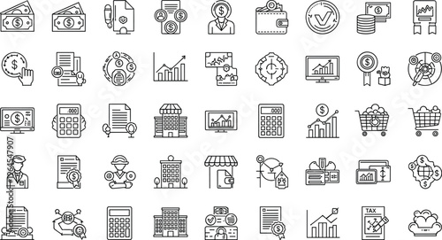 Comprehensive Financial, Banking, and Business Icons Set for Accounting, Payments, Investments, and Corporate Management Graphics