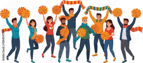 Enthusiastic Sports Fans Celebrating with Pom-Poms and Scarves for Team Spirit, Event Graphics, and Fan Engagement Illustrations