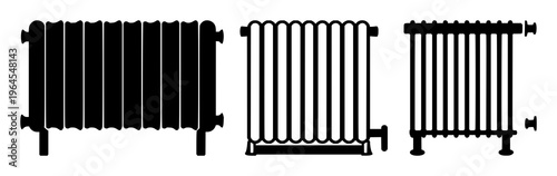 Solid black icon, white background: heating radiator icon set with simple line art design featuring simple design, minimalist, black and white with illustrations and graphics