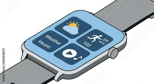 Smartwatch displaying weather, fitness, music apps on a light blue screen.