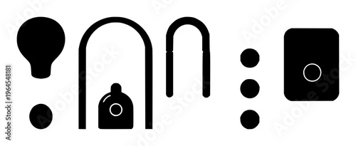 Solid black icon, white background: doorbell icon set with simple line art design featuring sketches, drawings, vector graphics with minimalist and simple illustrations