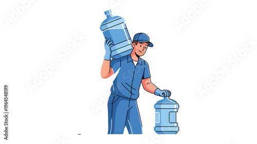 Water Delivery: A diligent delivery person, in a blue uniform, carries large water bottles, embodying reliability and refreshment. 