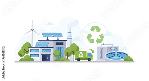 Sustainable Industry: Green Factory with Solar, Wind, Recycling, and Water Purification