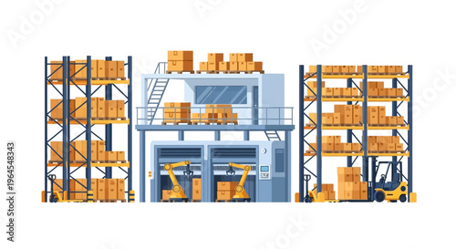 Modern Automated Warehouse with Robotic Arms & Forklift. Smart Logistics, Supply Chain Management, and E-commerce Fulfillment Solution. Flat Illustration.
