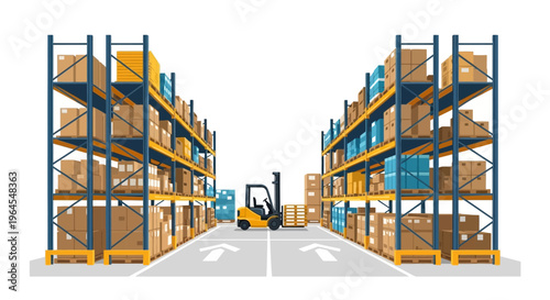 Efficient Warehouse Logistics with Forklift, Storage Racks, and Stacked Boxes for Modern Supply Chain Management and E-commerce Distribution.