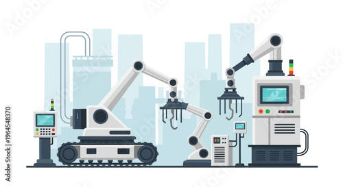 Modern Automated Factory Production Line with Robotic Arms. Industrial Smart Manufacturing, Industry 4.0 Technology, and Digital Control Systems.