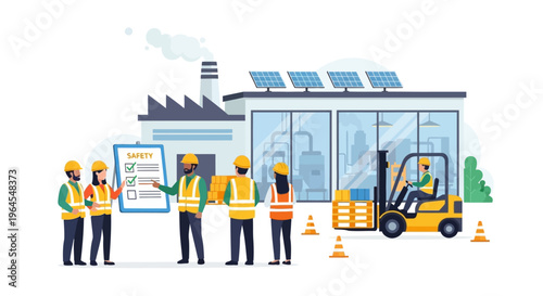 Industrial Safety Training and Sustainable Factory Operations Illustration with Workers and Forklift