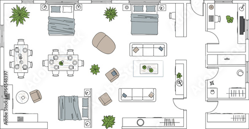 Top-View Interior Design of Modern Home with Living Room, Dining Area, Bedroom, and Plants for Architecture, Home Decor, and Space Planning Graphics