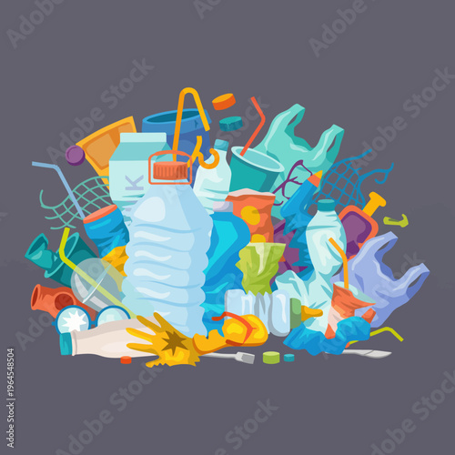 A chaotic pile of colorful plastic waste, illustrating the environmental issues of pollution and contributing significantly to the growing problem of plastic in our ecosystems.