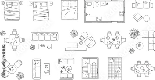 Top-View Vector Illustrations of Home Furniture, Living Room, Bedroom, Dining Room Layouts for Interior Design, Home Decor, and Architecture Graphics
