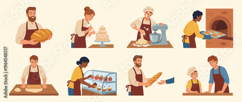 A vibrant depiction of bakers in various stages of creating delicious bread and pastries, highlighting the artistry and effort involved in baking, perfect for culinary enthusiasts.