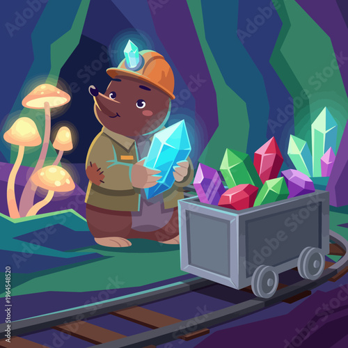 A charming illustration of a mole dressed in mining gear happily carrying colorful crystals within a cave setting filled with glowing mushrooms and a mining cart.