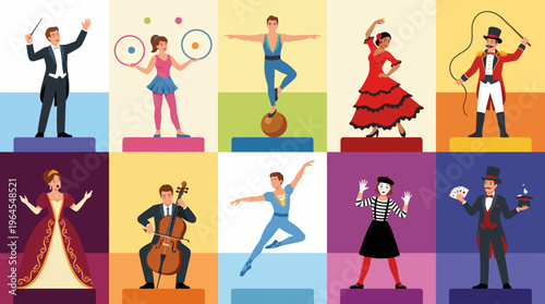 An array of performers showcasing various arts such as dance, music, and circus acts, creating a vibrant celebration of talent and creativity in a colorful and dynamic composition.
