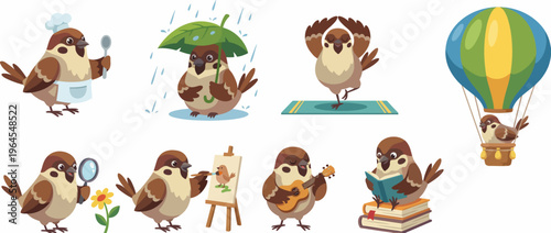 A collection of cartoon birds engaging in different joyful activities like cooking, painting, and playing music, showcasing whimsy and fun in a charming style for children.