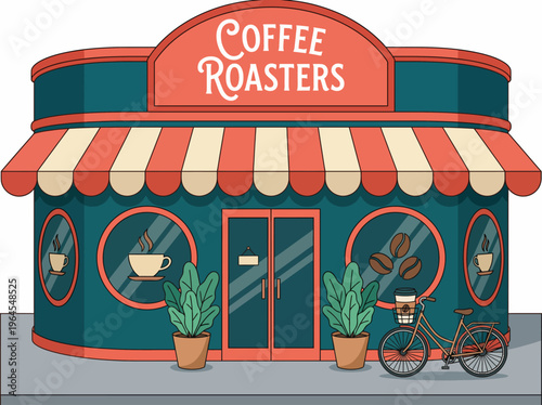 An inviting illustration of a coffee roasters shop with a bright awning, showcasing coffee cups and beans, inviting customers to enjoy freshly brewed coffee and cozy ambiance.