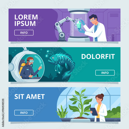 This laboratory scene features researchers engaged in scientific studies, exploring various fields such as botany, marine biology, and advanced robotics, highlighting innovation and discovery.