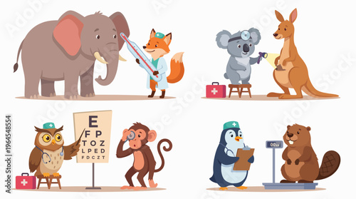 A delightful illustration of various animals receiving checkups from friendly veterinarians, promoting good health practices for pets and the importance of care and compassion.