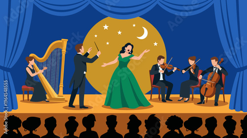 This vibrant illustration showcases a captivating stage performance with musicians including a singer in a stunning gown, embodying artistry, performance, and cultural expression.