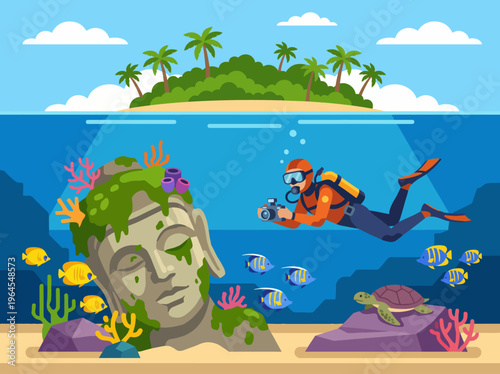 This vibrant underwater scene invites viewers into a world of exploration, showcasing a diver discovering ancient ruins surrounded by colorful marine life in serene waters.