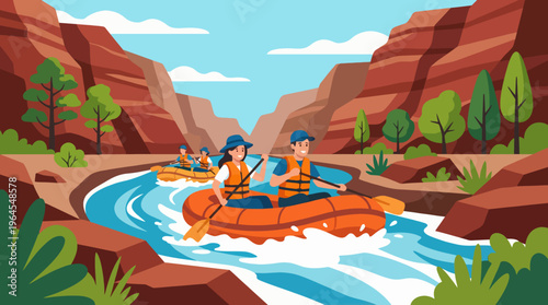 A thrilling white-water rafting adventure on a vibrant river surrounded by dramatic cliffs, showcasing teamwork and connection with nature for adrenaline seekers.