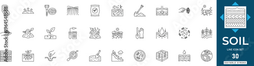 Soil line icon set featuring agriculture, earth, ground, compost, farming, nature, and geology. Professional editable vector illustration.
