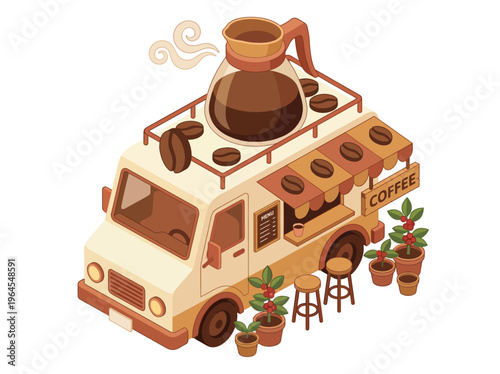 An inviting coffee truck illustration featuring a large coffee pot, decorated beans, and cozy seating, epitomizing the essence of urban coffee culture and lifestyle.