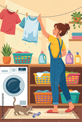 A cheerful illustration of a woman doing laundry at home with her cat, symbolizing daily routines, domestic tranquility, and the simple pleasures of pet companionship in life.