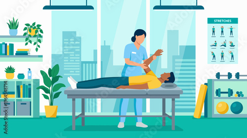 A therapist provides hands-on treatment to a patient on a treatment table in a modern clinic, showcasing elements of physical therapy and rehabilitation practices.