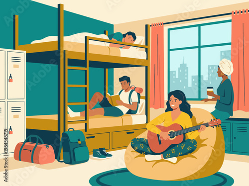 A lively representation of a cozy dorm room where students engage in music, reading, and relaxation, reflecting camaraderie and youthful spirit in everyday college life.