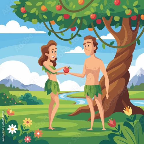 A vivid depiction of Adam and Eve exchanging an apple under a lush tree, illustrating the iconic biblical moment of temptation and the innocence of humanity in paradise.