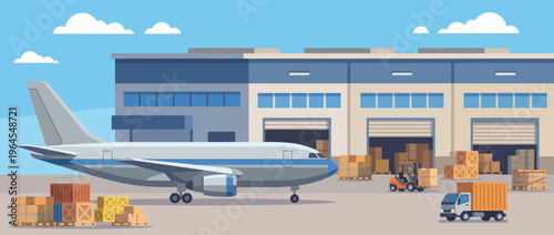 A dynamic illustration of an airport cargo facility, showcasing the bustling activity of loading and unloading goods, highlighting logistics and the movement of global trade.
