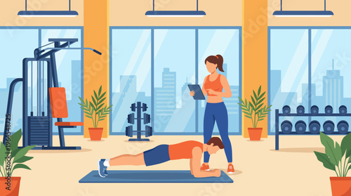 A fitness coach closely observes a person performing a plank in a well-equipped gym, showcasing commitment to fitness training, motivation, and healthy living.