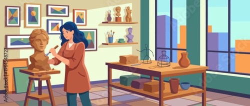 A captivating art studio with a focused artist sculpting a bust in clay. The brightly lit space features various artistic tools and inspirations in the background.