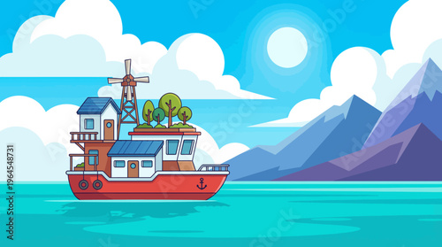 A vibrant futuristic boat featuring greenery sails across a calm seascape, symbolizing innovation, sustainability, and the harmony of nature with creative design elements.