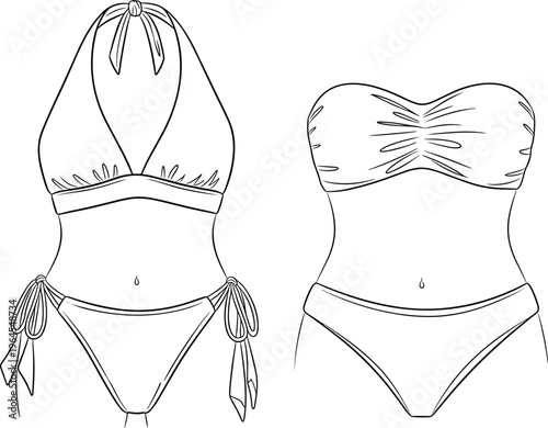 Vector Illustration of Two Stylish Bikini Designs: Halter Neck and Strapless for Swimwear, Beachwear, and Summer Fashion Graphics