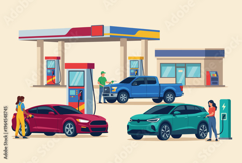 A dynamic scene at a fuel station shows cars being refueled, highlighting the transition from traditional to electric vehicles, representing modern transportation and environmental awareness.