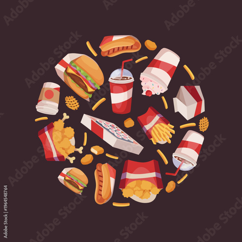 A vibrant assortment of fast food favorites including burgers, fries, and drinks, showcasing the colorful and enticing nature of popular casual dining options.