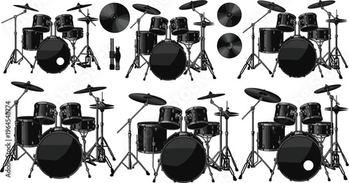 Vector Illustration of Drum Sets in Different Angles with Cymbals, Bass, and Tom-Toms for Music, Band, and Performance Graphics
