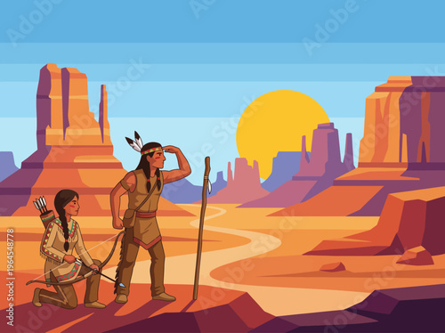 A vivid scene depicting an Indigenous tribe searching the vast desert landscape under a setting sun, emphasizing their connection to nature and tradition.