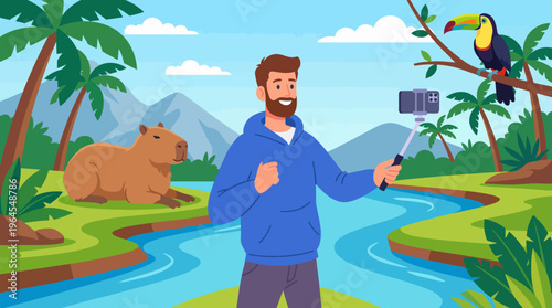 A cheerful traveler taking a selfie in a lush tropical environment, featuring a capybara and a toucan, epitomizing adventure, exploration, and connection with nature.