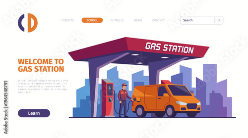 A bright and engaging illustration of a gas station, showing a fuel attendant assisting a vehicle, embodying convenience and essential services in a modern urban setting.