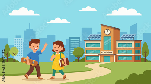 Two cheerful children walking toward an academy, highlighting the excitement of learning, friendship, and the importance of education in a vibrant urban environment for young minds.