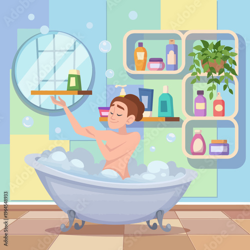 A calming illustration of a person enjoying a bath with bubbles and self-care products, representing relaxation, personal time, and rejuvenation in a serene environment.