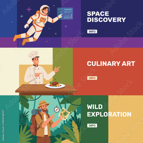 A vibrant illustration highlighting the fields of space discovery, culinary art, and wild exploration, promoting creativity and new learning experiences in education.
