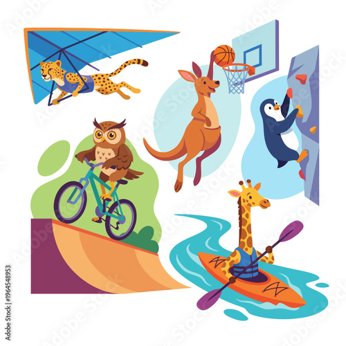 An exciting blend of animal characters participating in sports showcases the spirit of teamwork, competition, and joy, inviting fun and playfulness into the adventurous lifestyle.