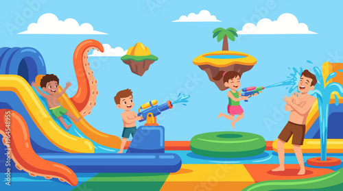 A vibrant illustration of children joyfully playing at a water park, showcasing water slides, excitement, and family fun in a delightful summer atmosphere.