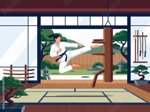 A martial artist in a traditional dojo demonstrates a high kick on a wooden dummy, illustrating discipline, skill, and dedication in martial arts training.