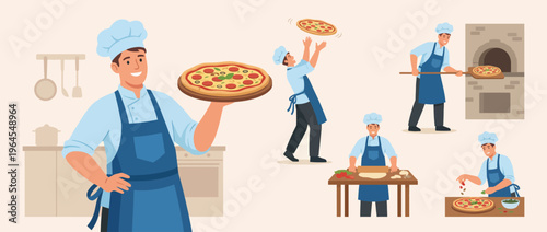A lively chef showcases his handmade pizza while cooking in a vibrant kitchen, embodying passion and culinary expertise in the art of pizza making and preparation.